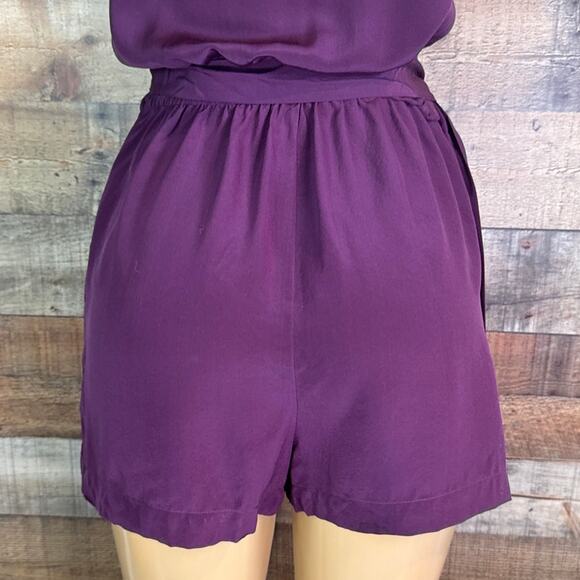 Rory Beca 100% Silk Purple Wrap Romper Short Sleeve Shorts Size Medium - Picture 7 of 13